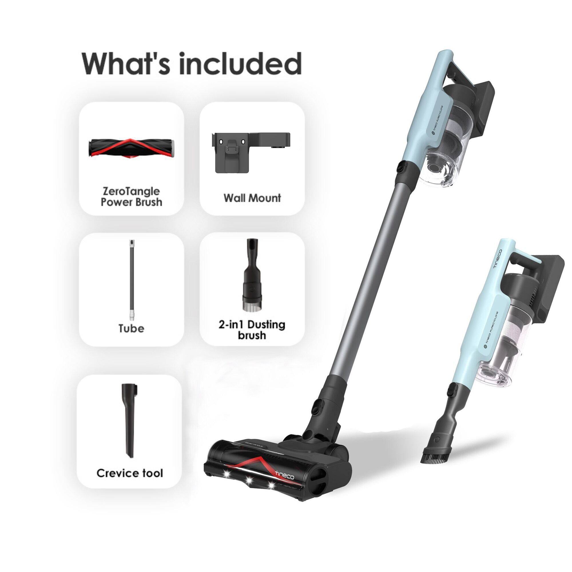 What's included: ZeroTangle Power Brush, Wall Mount, Tube, Crevice Tool, 2-in-1 Dusting Brush, TineCo TCO, and a Crevice Tool.