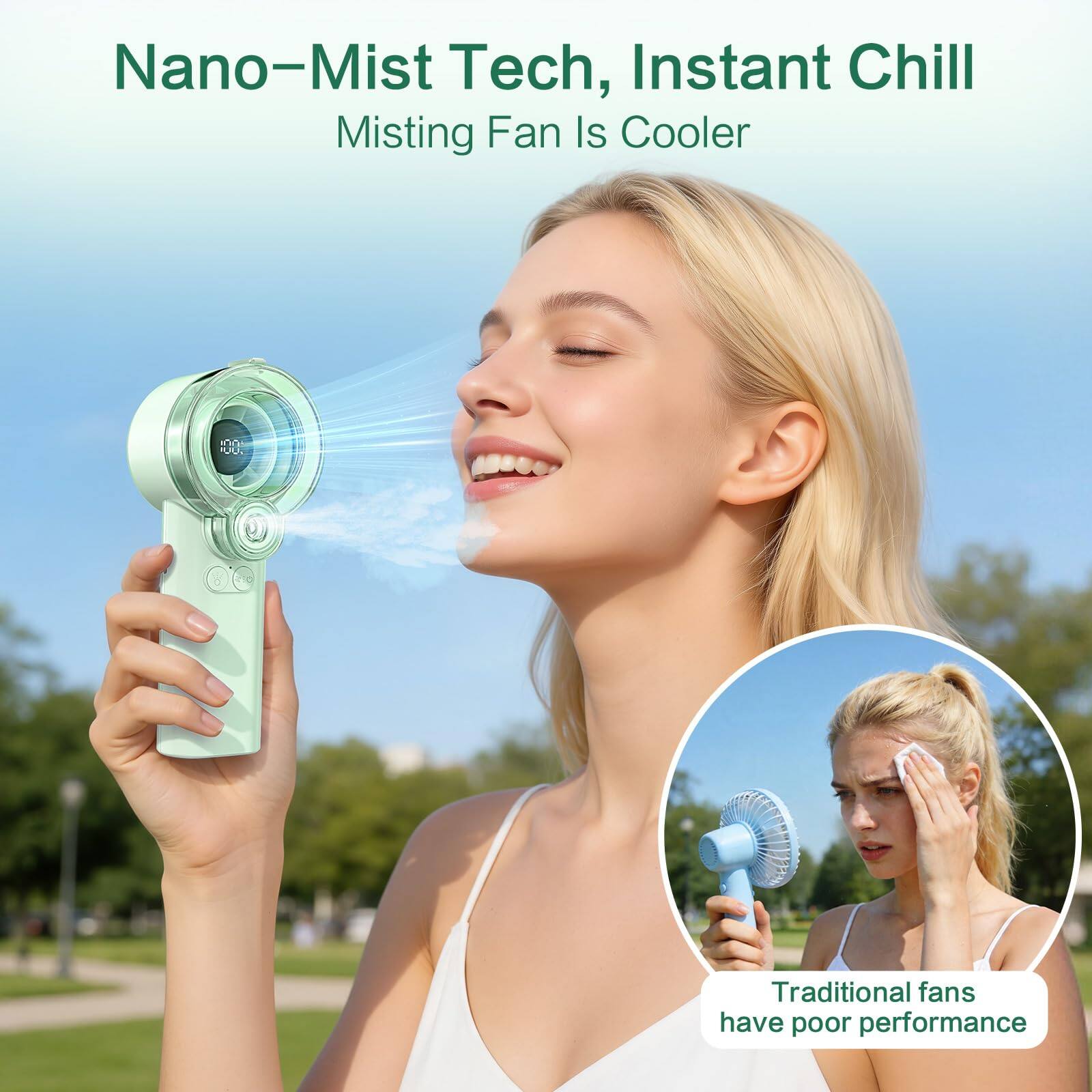 Nano-Mist Tech, Instant Chill  
Misting Fan Is Cooler  

Traditional fans have poor performance