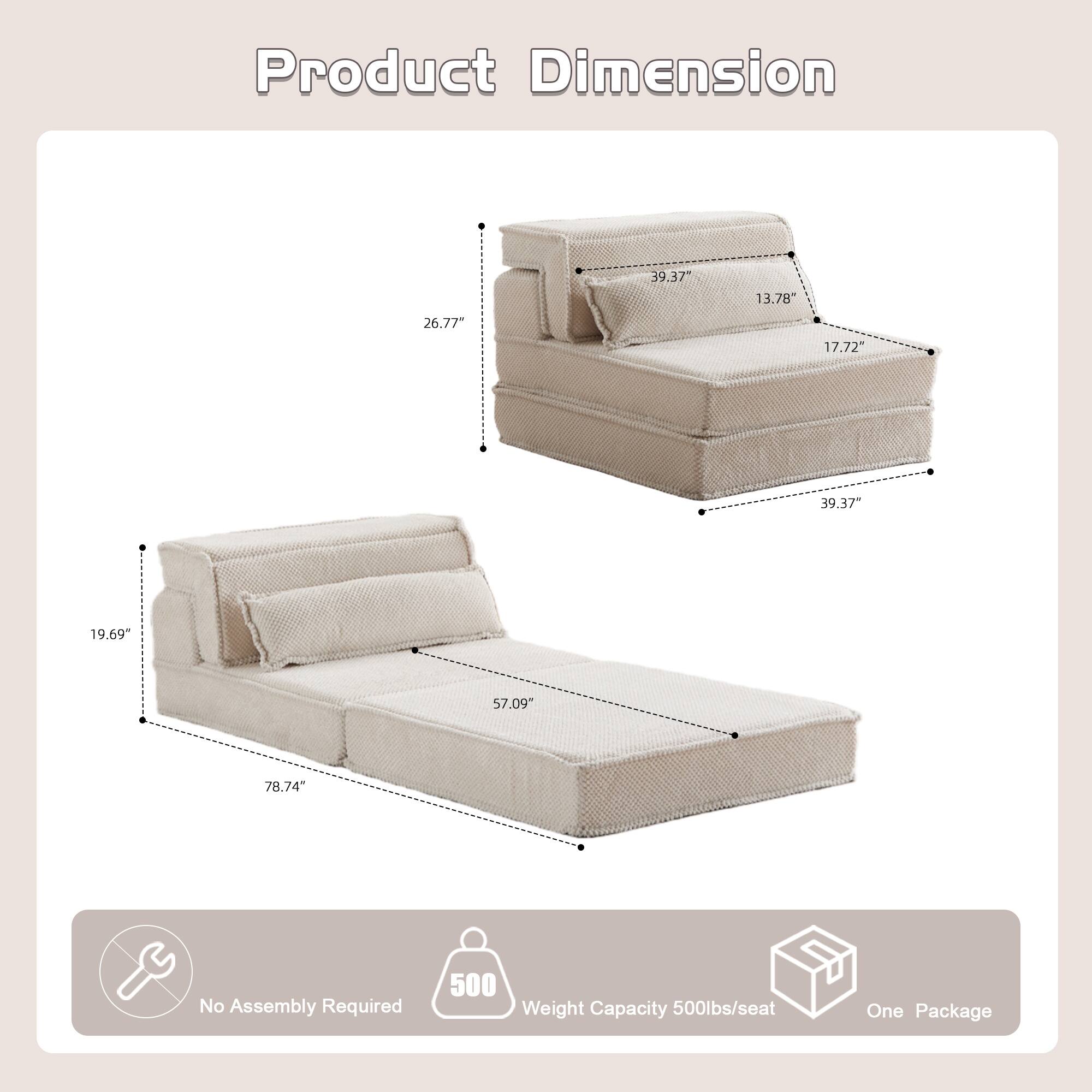 Product Dimension: 26.77" x 39.37" x 13.78" x 17.72" x 39.37" x 19.69" x 57.09" x 78.74"  
No Assembly Required  
500 lbs/seat Weight Capacity  
One Package