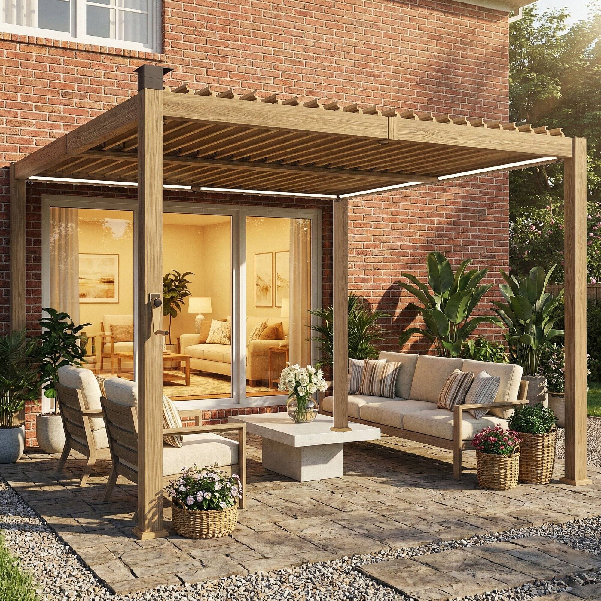 Alt View 8. Outsunny - x 10' Louvered Pergola with Solar LED lights, Metal Roof - Brown.