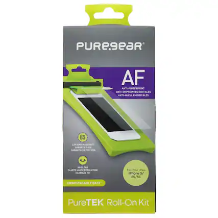 PUREgeaR AF ANTI-FINGERPRINT ANTI-EMPREINTES DIGITALES ANTI-HUELLAS DIGITALES LIFETIME WARRANTY GARANTIE & VIE GARANTIA DE POR VIDA HD CLEAR CLARTE HAUTE RESOLUTION CLARIDAD HD For iPhone 5/ 5S/5C UNMISTAKABLY EASY PureTEK Roll-On Kit