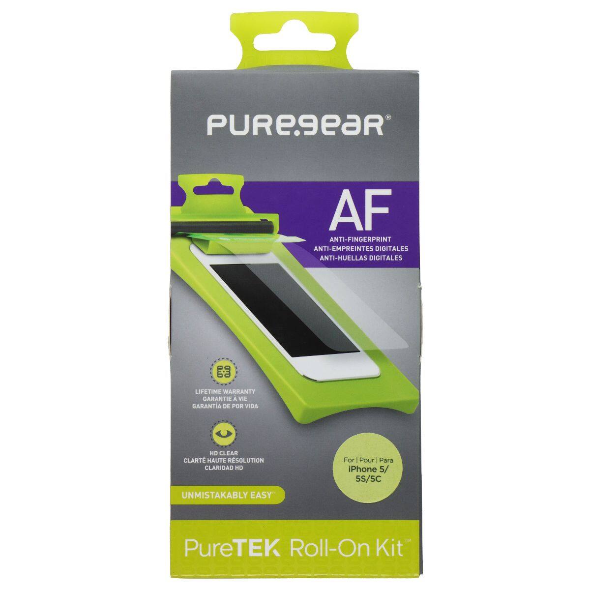 PUREgeaR AF ANTI-FINGERPRINT ANTI-EMPREINTES DIGITALES ANTI-HUELLAS DIGITALES LIFETIME WARRANTY GARANTIE & VIE GARANTIA DE POR VIDA HD CLEAR CLARTE HAUTE RESOLUTION CLARIDAD HD For iPhone 5/ 5S/5C UNMISTAKABLY EASY PureTEK Roll-On Kit