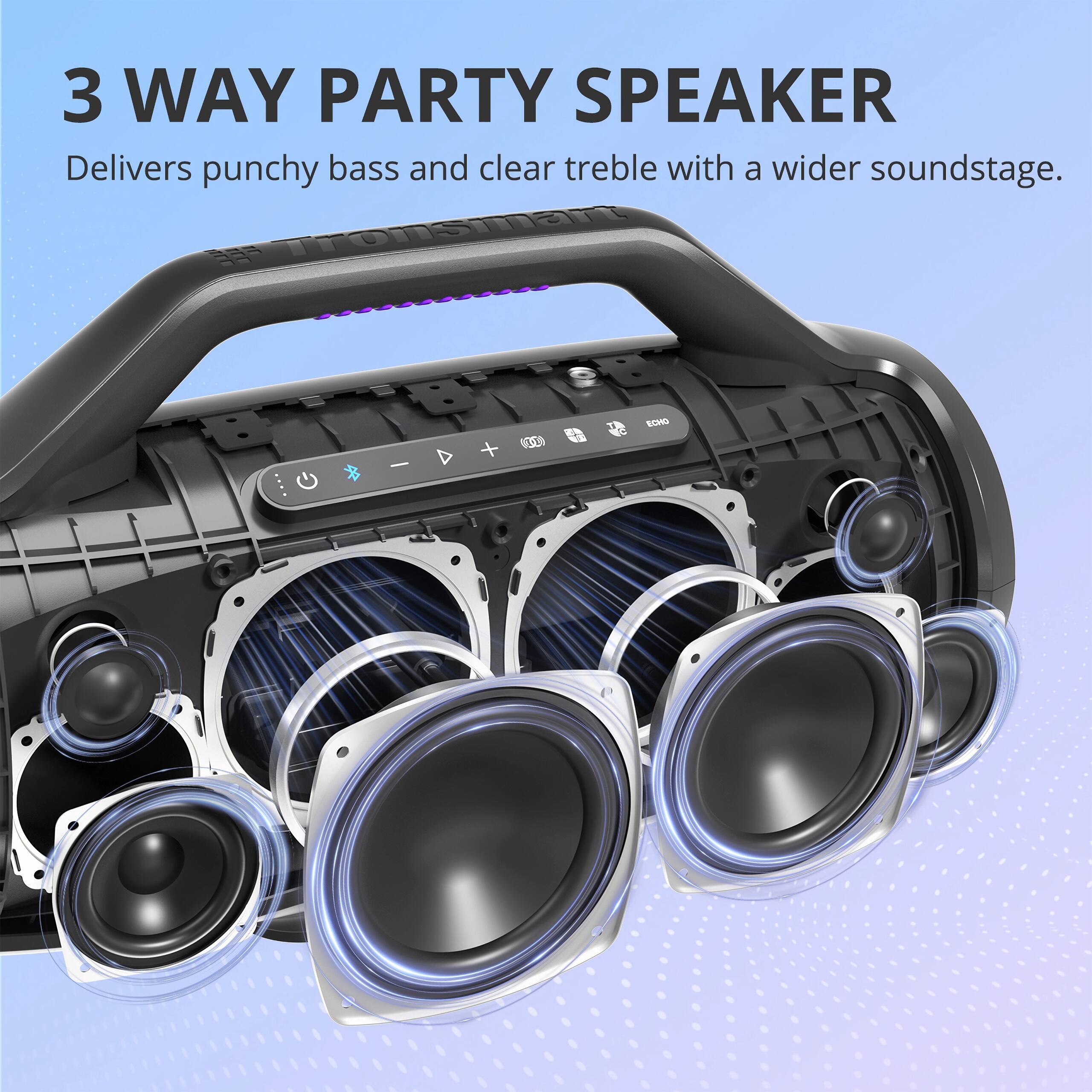 3 WAY PARTY SPEAKER: Delivers punchy bass and clear treble with a wider soundstage.