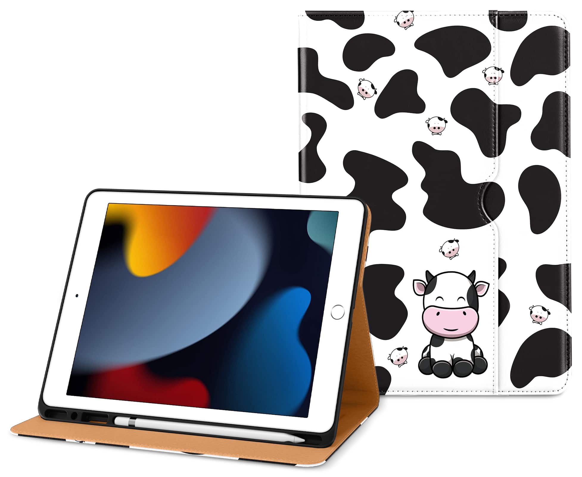 Front. DTTO - ​Case for iPad 9th/8th/7th Generation 10.2 Inch 2021/2020/2019, Premium Leather Folio Stand - Auto Wake/Sleep - Cow Print.