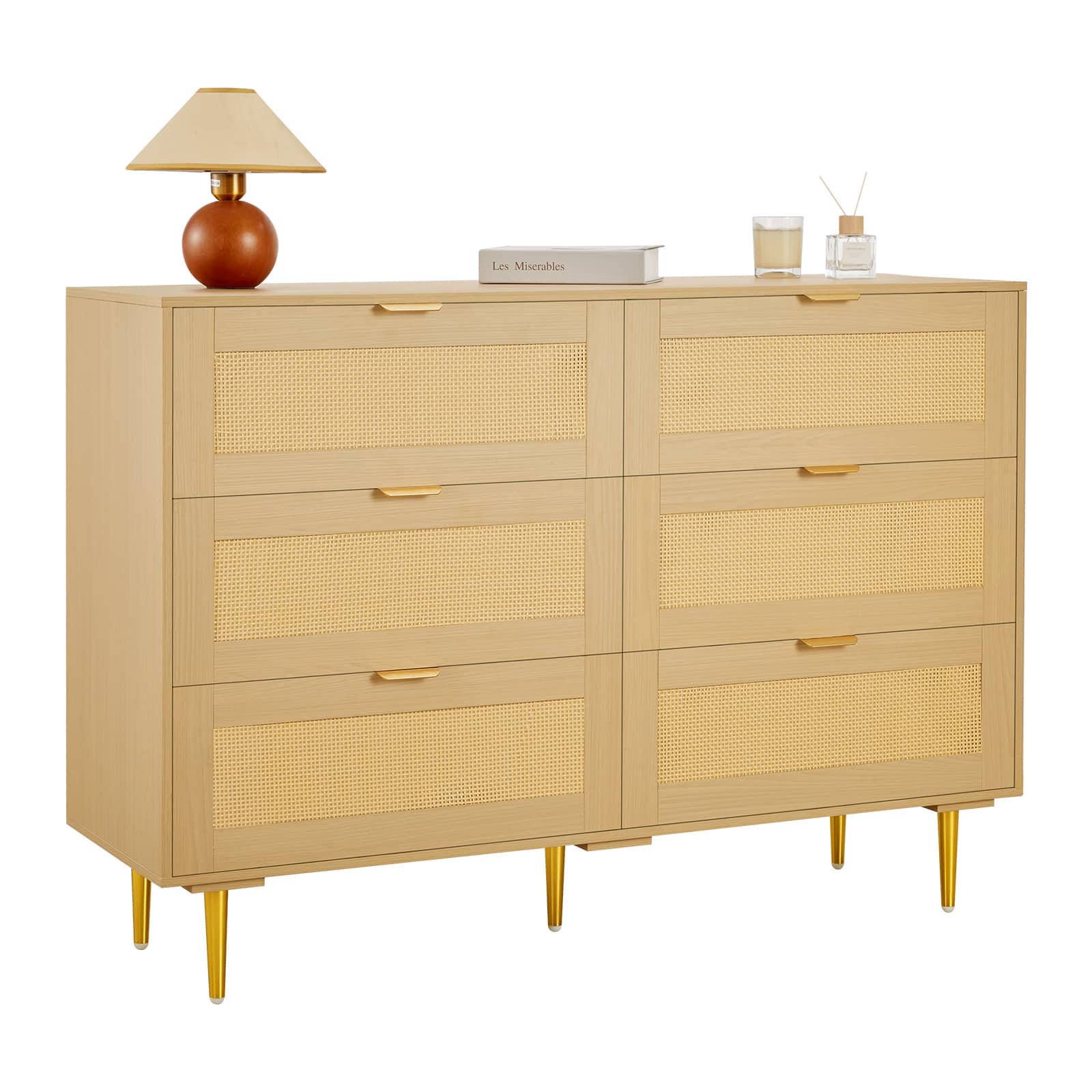 VEVOR - 6 Drawer Rattan Dresser, Double Dresser for Bedroom, Natural Rattan Chest of Drawers with Metal Handles & Legs - Natural Wood