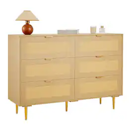 VEVOR - 6 Drawer Rattan Dresser, Double Dresser for Bedroom, Natural Rattan Chest of Drawers with Metal Handles & Legs - Natural Wood