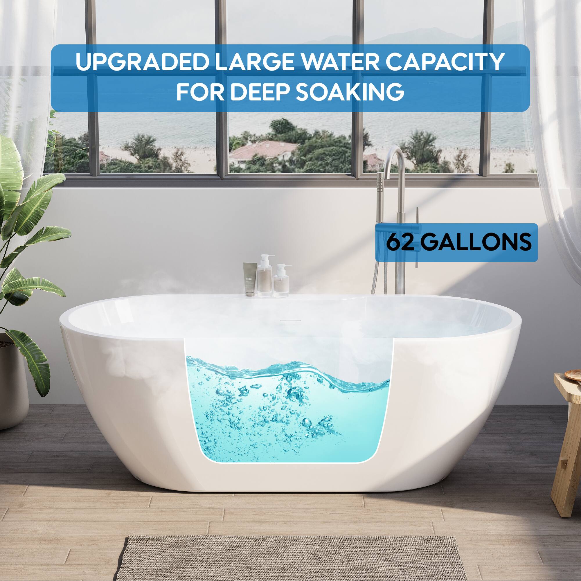 UPGRADED LARGE WATER CAPACITY FOR DEEP SOAKING  
62 GALLONS