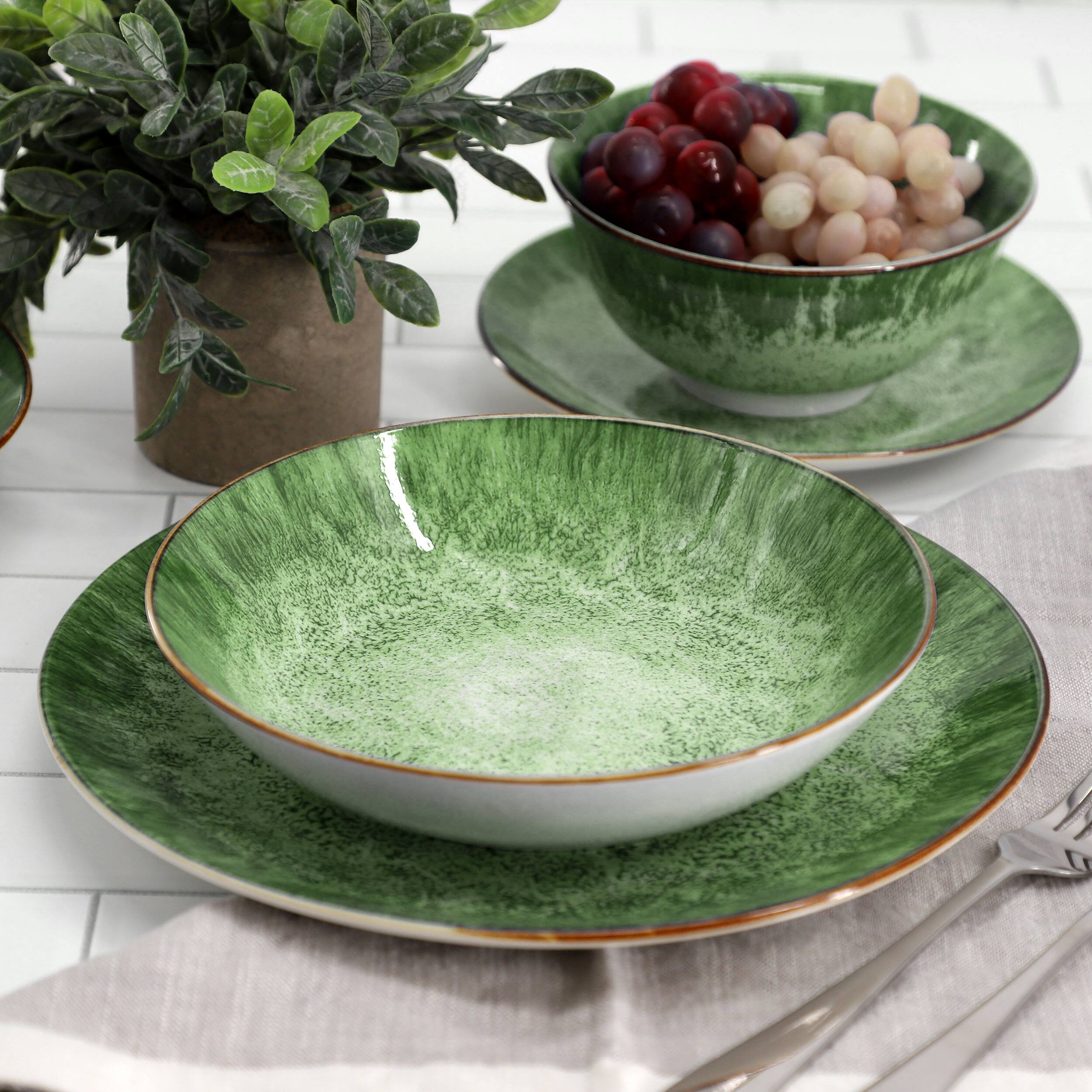 Alt View 7. Elama - Elama Oceanus 16 Piece Porcelain Double Bowl Dinnerware Set in Green - Green.