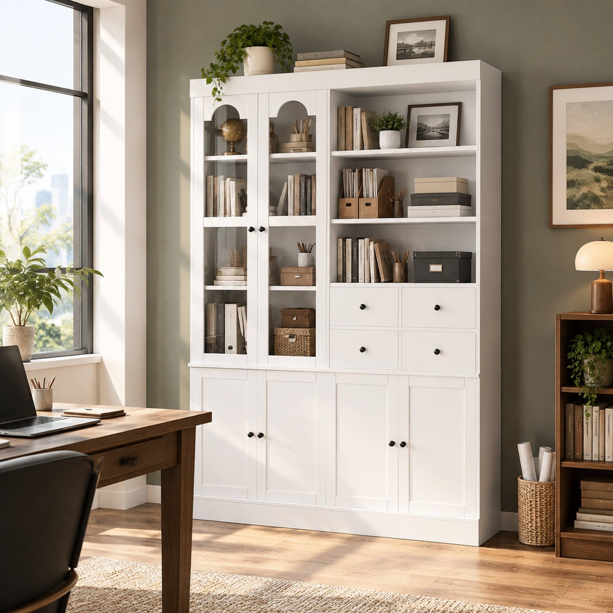 Left. RYHNUYNE - Freestanding Buffet with Hutch, Tall Kitchen Pantry Cabinet with 4 Drawers and Pull-Out Trays, White - White.
