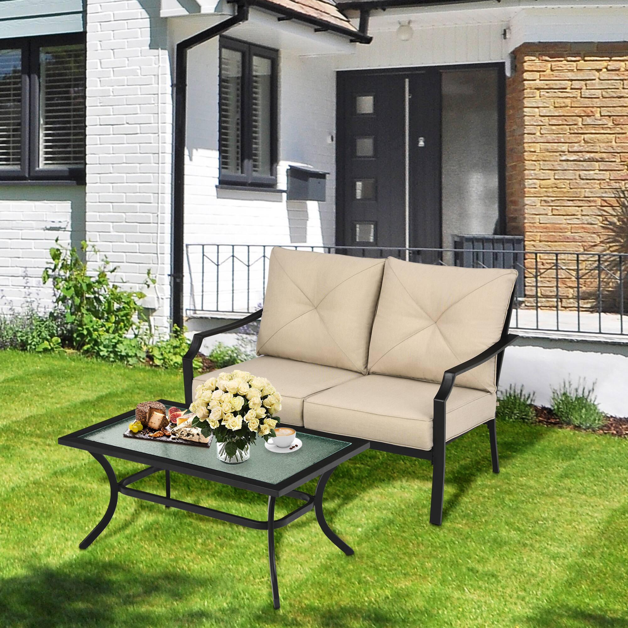 Alt View 2. Gymax - Gymax 2PCS Outdoor Loveseat Set Cushioned Patio Bench Sofa w/ Coffee Table - Beige.