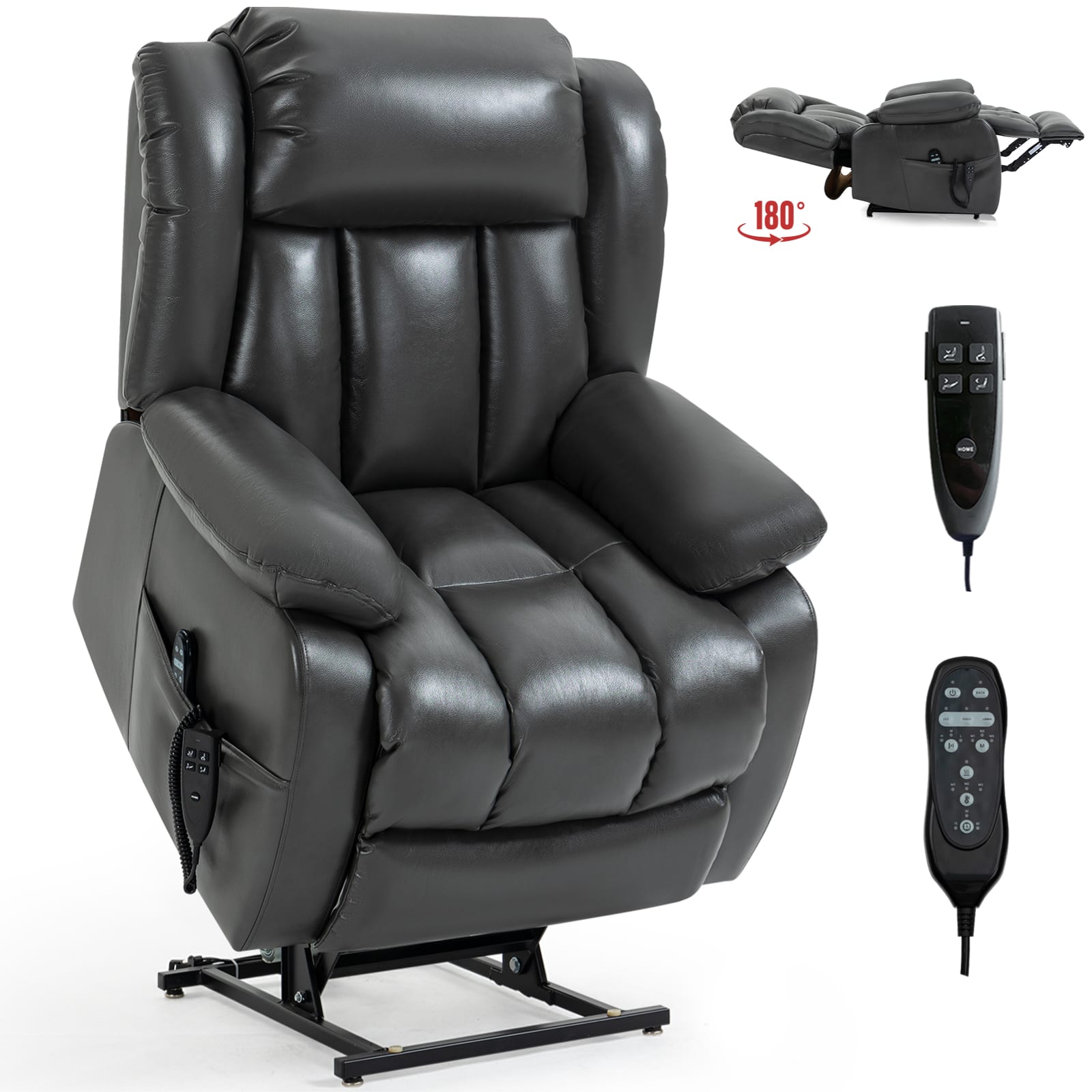LUCKY ONE - Faux Leather Dual Motor Power Lift Recliner Chair with Massage and Heat, Infinite Position, Power-Remote - Gray