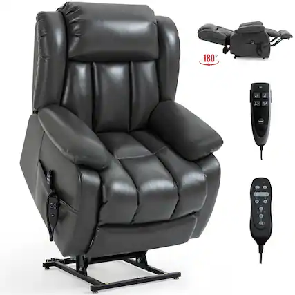 Front. LUCKY ONE - Faux Leather Dual Motor Power Lift Recliner Chair with Massage and Heat, Infinite Position, Power-Remote - Grey.