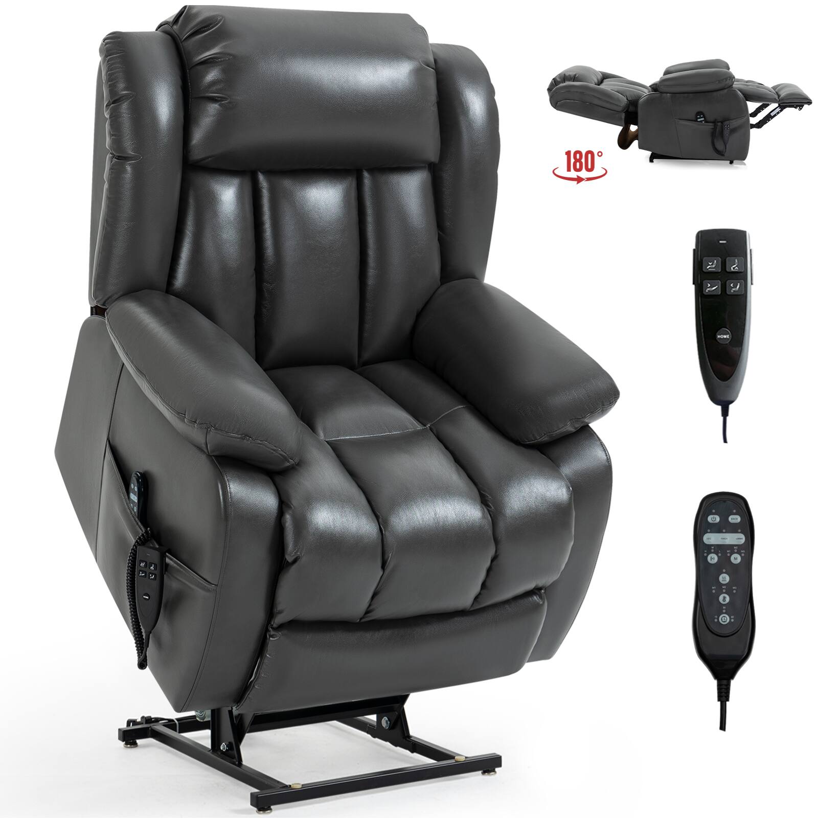 Front. LUCKY ONE - Faux Leather Dual Motor Power Lift Recliner Chair with Massage and Heat, Infinite Position, Power-Remote - Grey.