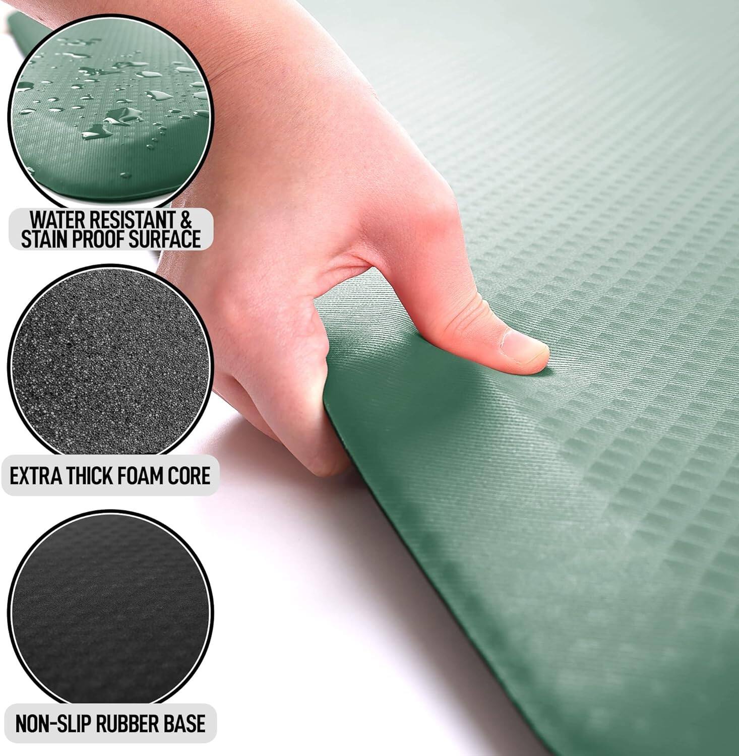 WATER RESISTANT & STAIN PROOF SURFACE  
EXTRA THICK FOAM CORE  
NON-SLIP RUBBER BASE