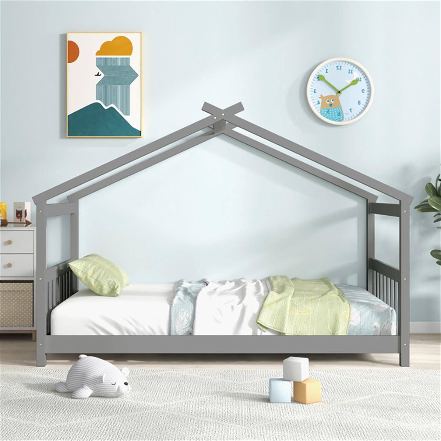 Back. Pefilos - Twin Size Wooden House Bed Frames with Roof, Modern Platform Floor Bed Frames for Teens, Gray - Gray.