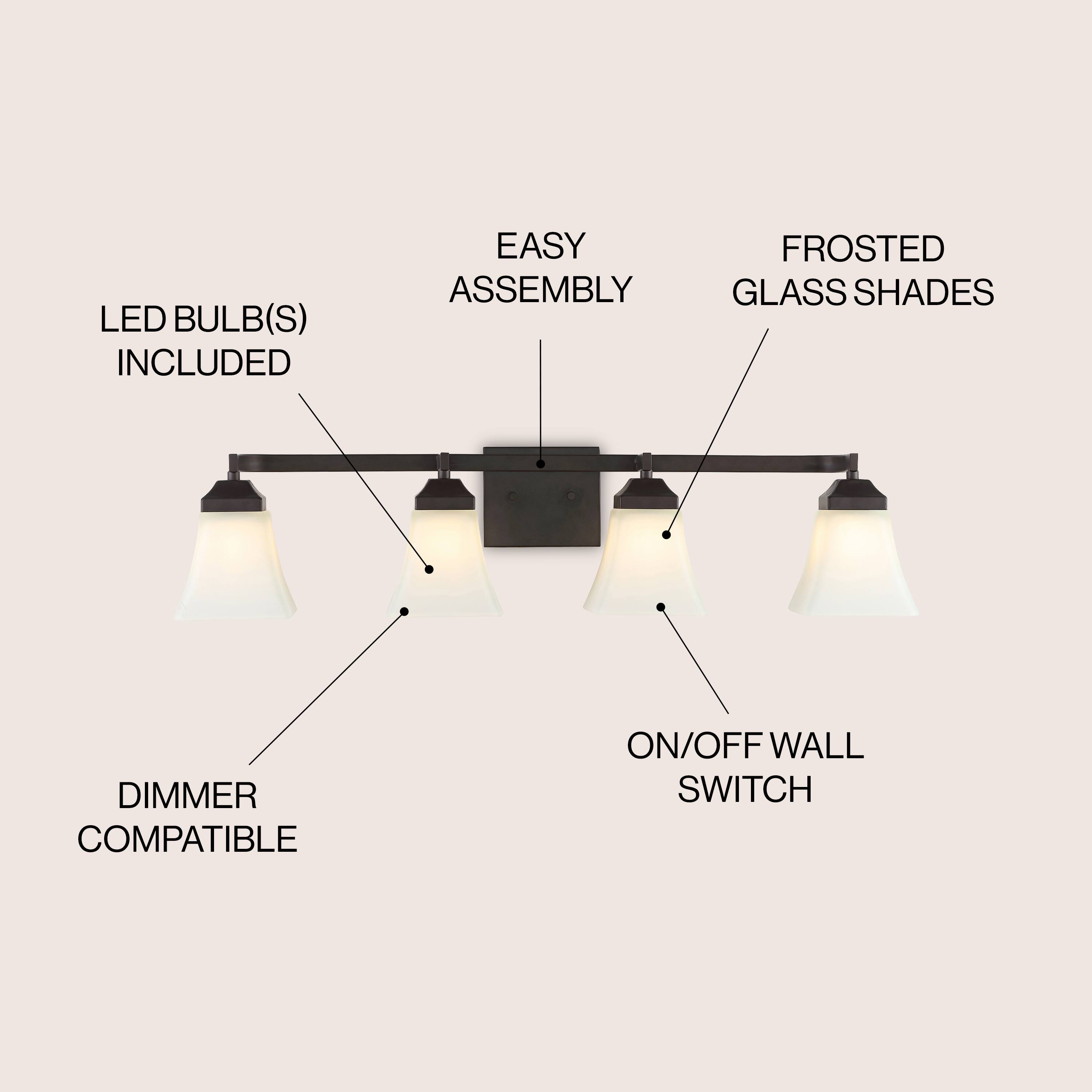 LED BULB(S) INCLUDED  
EASY ASSEMBLY  
FROSTED GLASS SHADES  
DIMMER COMPATIBLE  
ON/OFF WALL SWITCH
