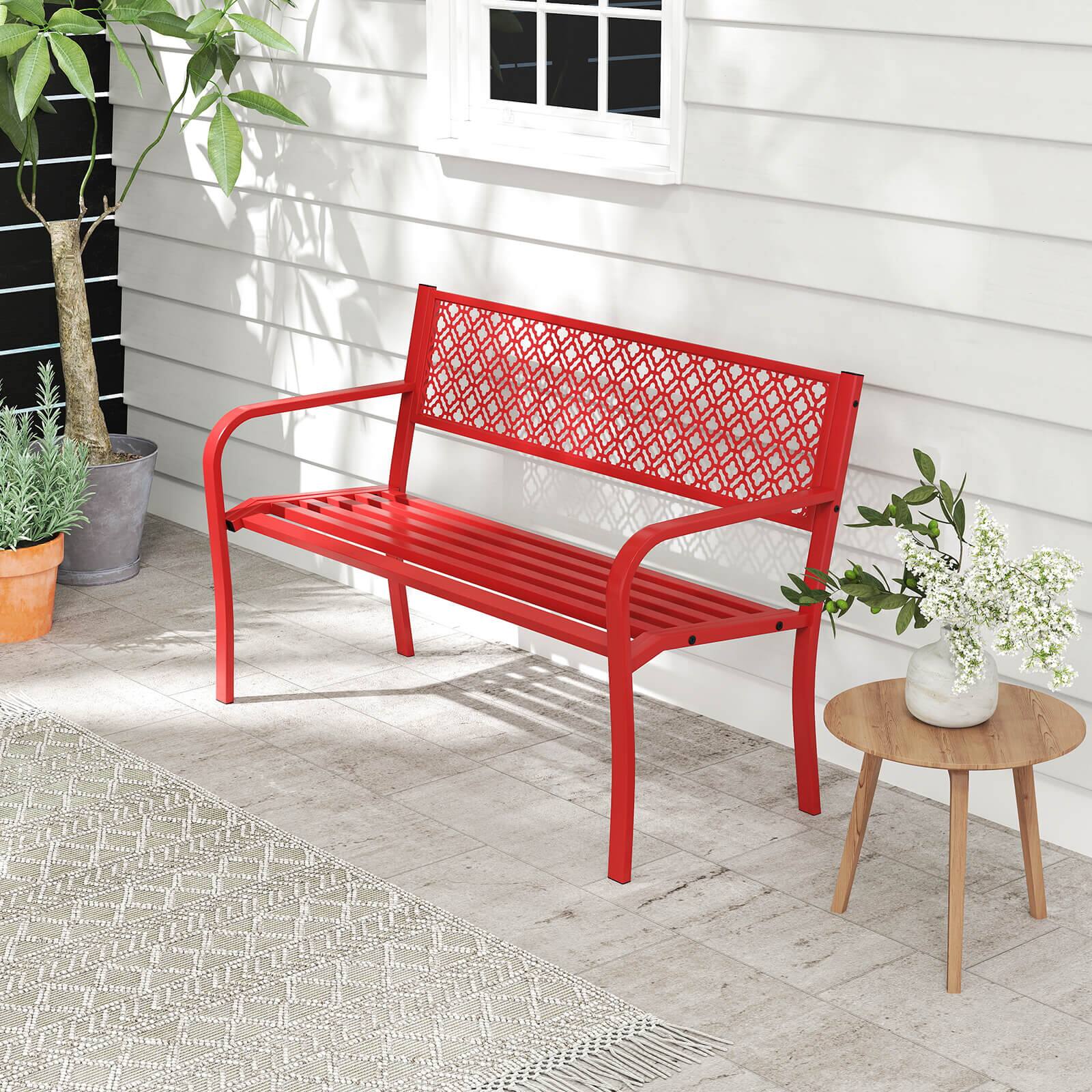 Alt View 8. Costway - Costway 50 Inches Outdoor Metal Garden Bench with Geometric Lattice Backrest Armrests - Red.