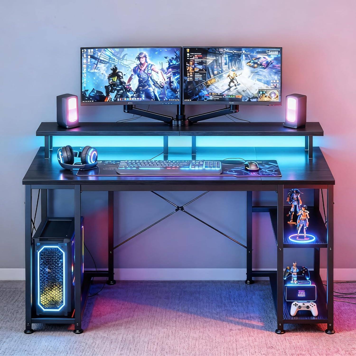 Alt View 7. Sweet - 48" Computer Gaming Desk with Power Outlets LED Lights and Reversible Monitor Stand, Storage Shelves & Hooks - Black.