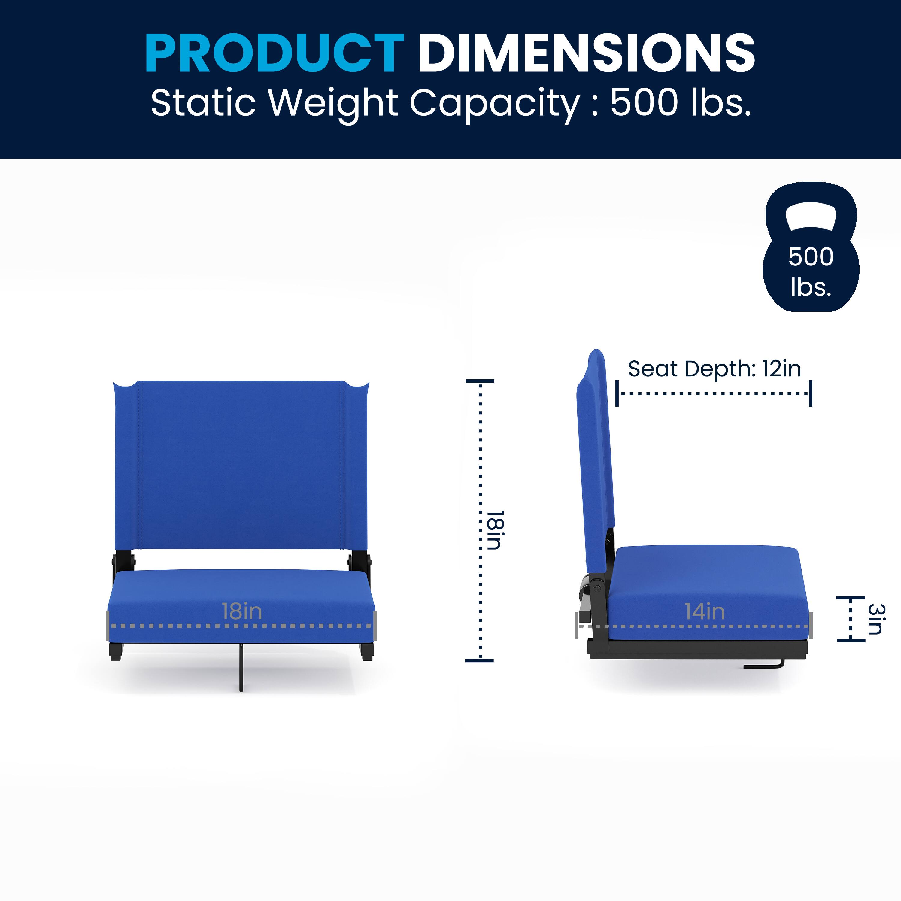 PRODUCT DIMENSIONS  
Static Weight Capacity: 500 lbs.  
Seat Depth: 12in  
Seat Width: 18in  
Seat Height: 14in  
Seat Thickness: 3in
