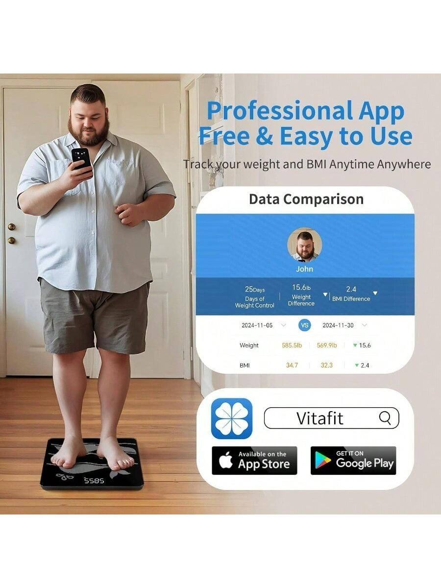Professional App  
Free & Easy to Use  
Track your weight and BMI Anytime Anywhere  

Data Comparison  

John  
25 Days  
15.6 lb  
Weight Control Difference  
2.4 BMI Difference  

2024-11-05 vs 2024-11-30  

Weight  
585.5 lb  
569.9 lb  
15.6  

BMI  
34.7  
32.3  
2.4  

Vitafit  
Available on the App Store  
GET IT ON Google Play