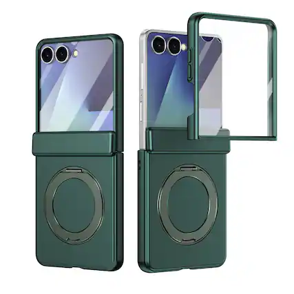 Front. Dteck - For Samsung Galaxy Z Flip 7 Rugged Case With Screen Protector, Shockproof Magnetic Ring Stand Hinge Protection Cover - Green.