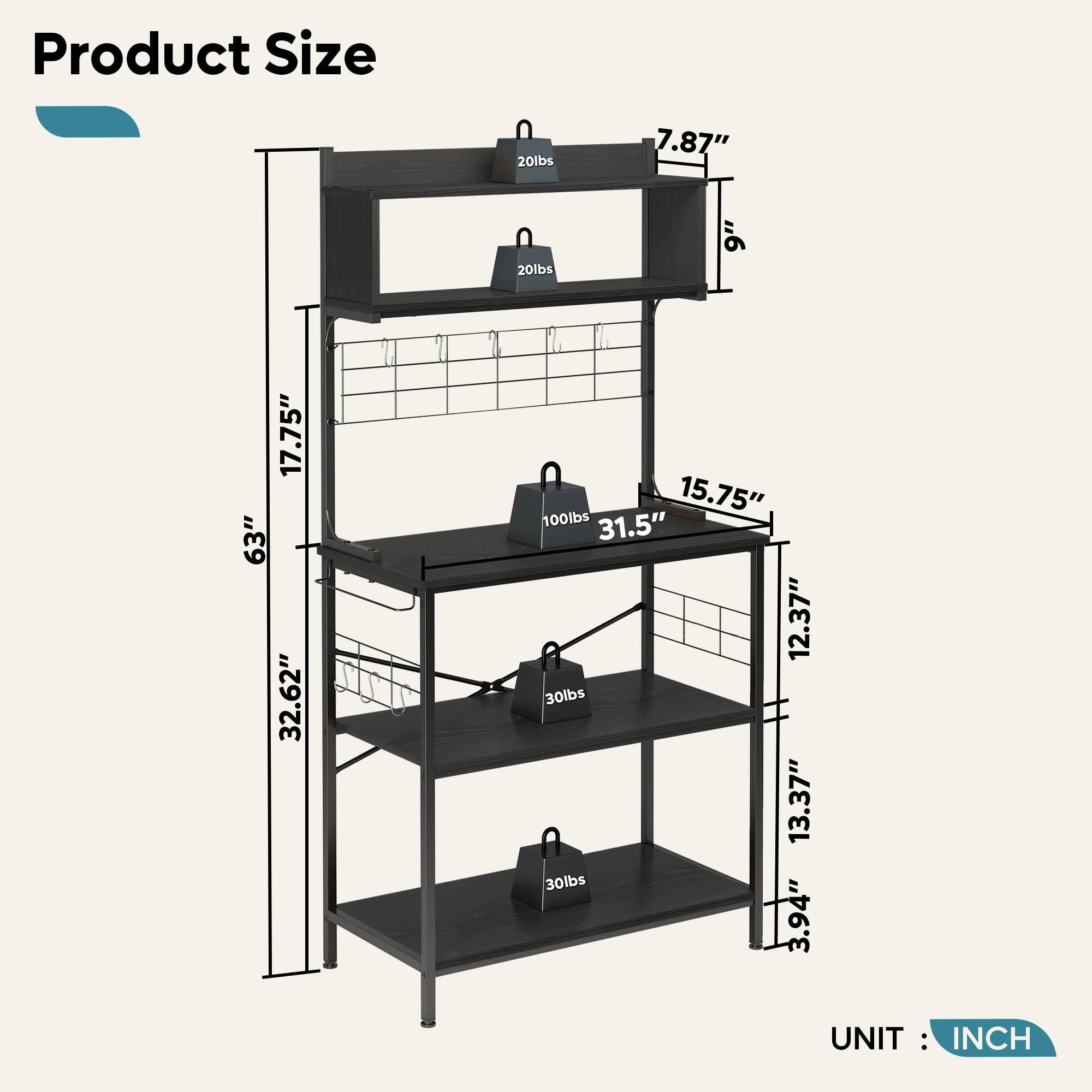 Product Size:
* 20lbs 7.87"
* 20lbs 9"
* 17.75" 63"
* 32.62" 15.75"
* 100lbs 31.5"
* 12.37"
* 30lbs 13.37"
* 30lbs 3.94"
UNIT: INCH