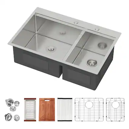 Front. Lordear - 33"x 22" x 10" Double Bowl (60/40)Topmount Drop in Kitchen Sink 16 Gauge with Two 10" Deep Basin - Stainless steel.