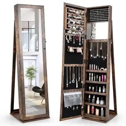 Front. Costway - Mirrored Jewelry Cabinet Armoire Lockable Standing Storage Organizer with Shelf Brown - Brown.