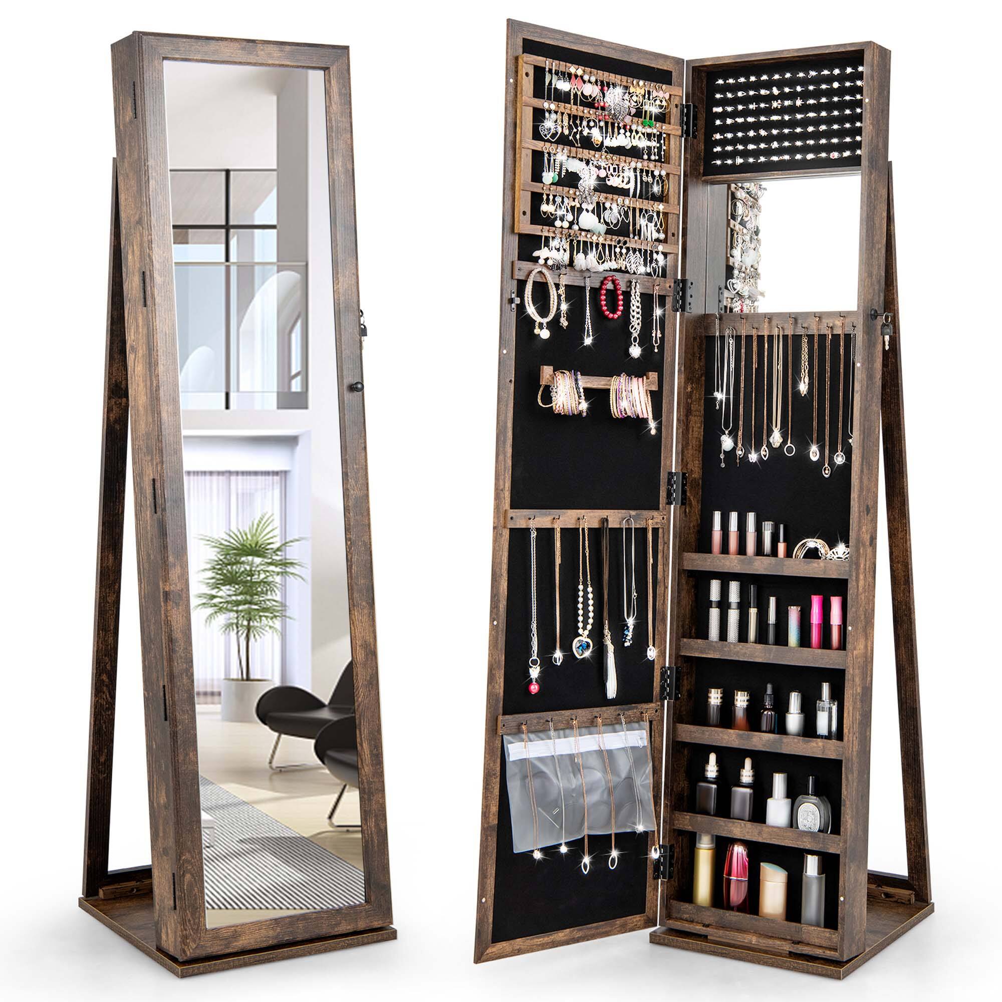 Costway - Mirrored Jewelry Cabinet Armoire Lockable Standing Storage Organizer with Shelf - Brown
