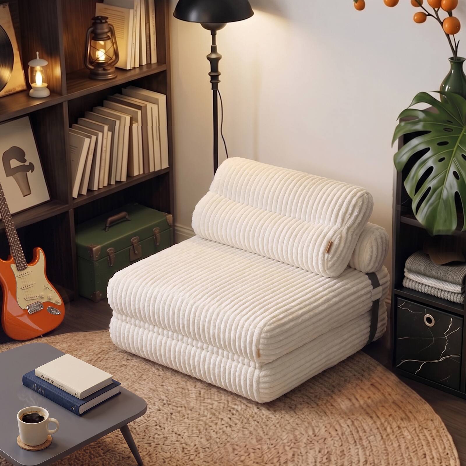 Left. Pinmoco - Pinmoco Folding Single Sofa Bed, Corduroy Convertible Sleeper Sofa with Pillow, Accent Chair for Living Room & Bedroom - Off White.