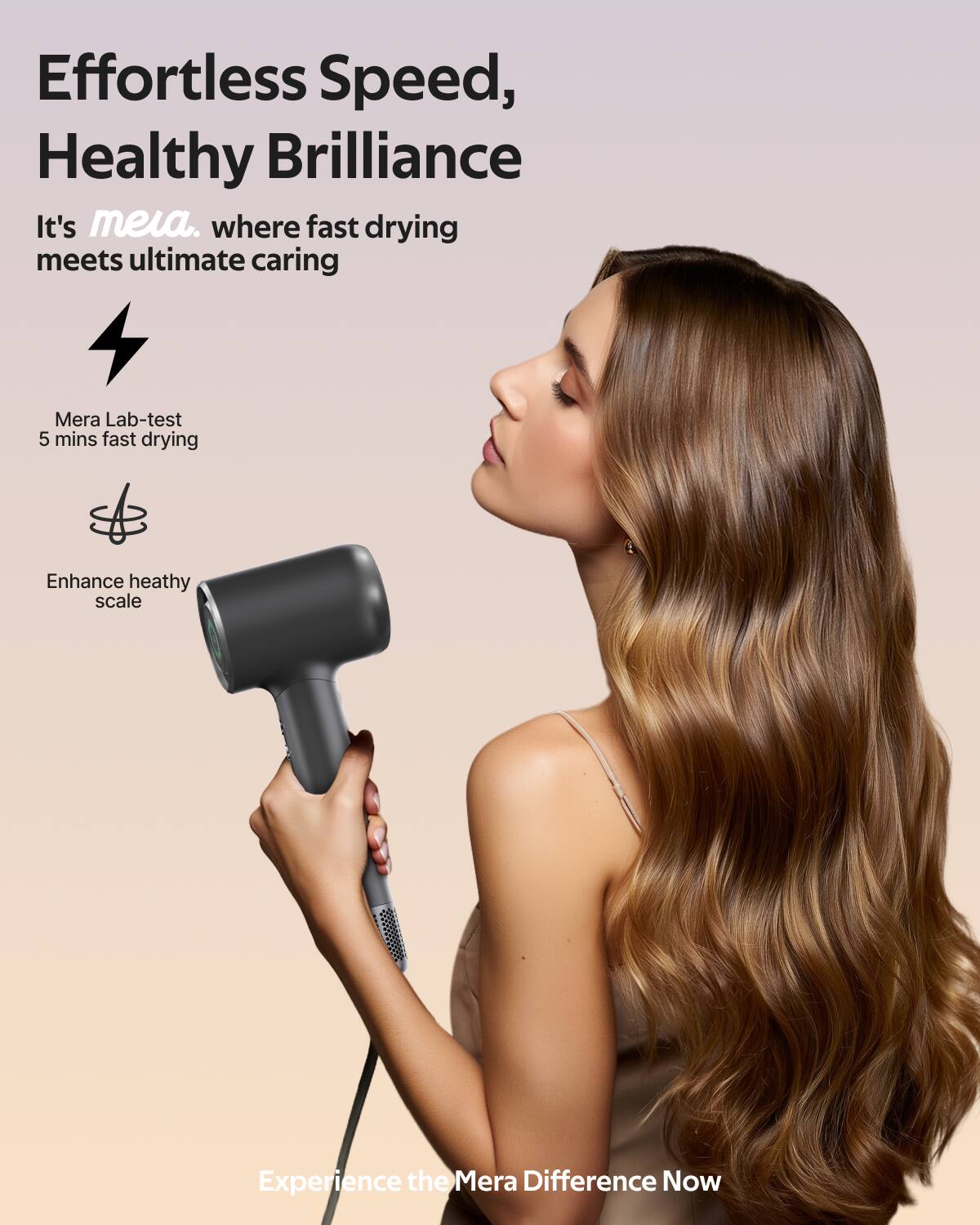 Effortless Speed, Healthy Brilliance  
It's meia. where fast drying meets ultimate caring  

Mera Lab-test  
5 mins fast drying  

Enhance healthy scale  

Experience the Mera Difference Now