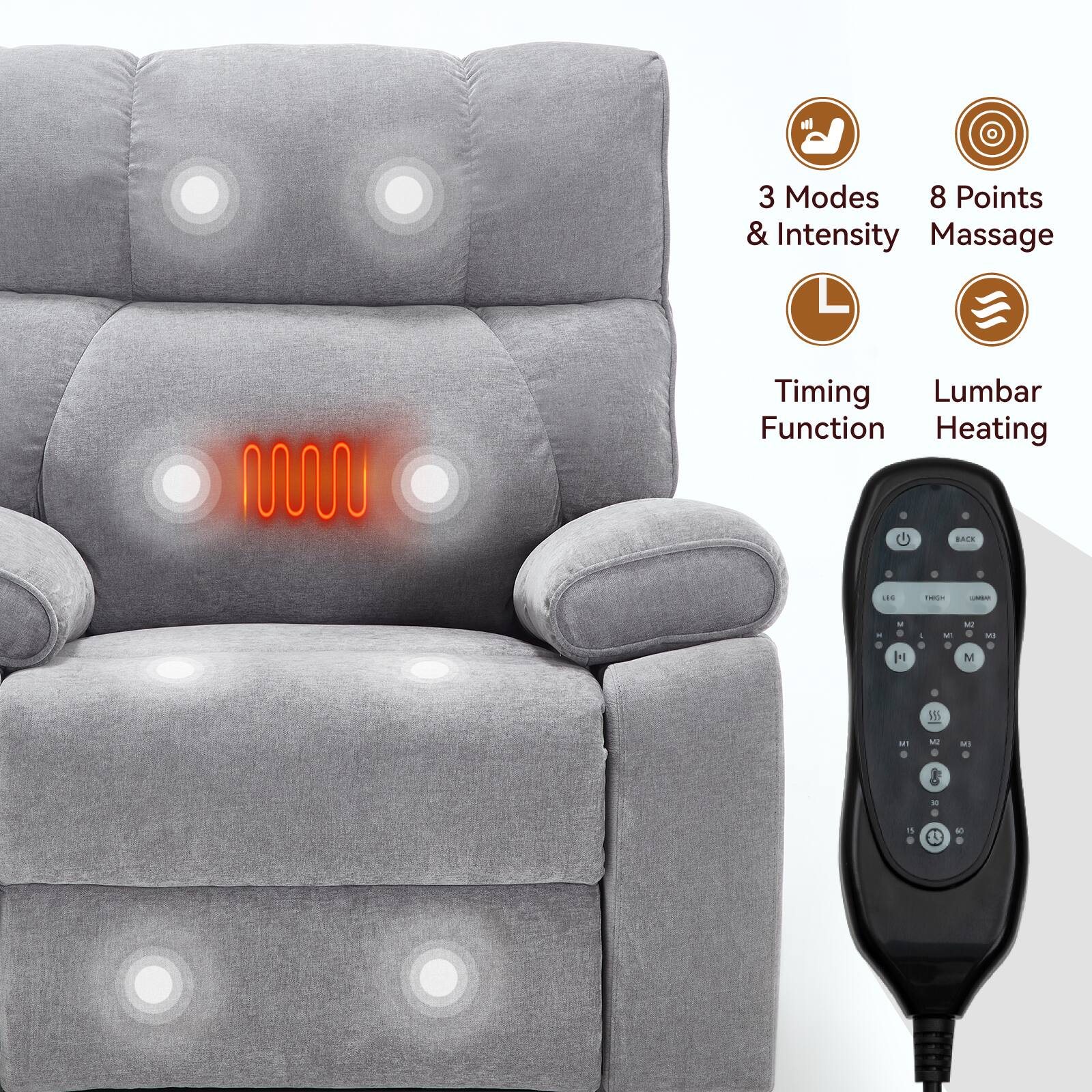 3 Modes & Intensity  
8 Points Massage  
Timing Function  
Lumbar Heating