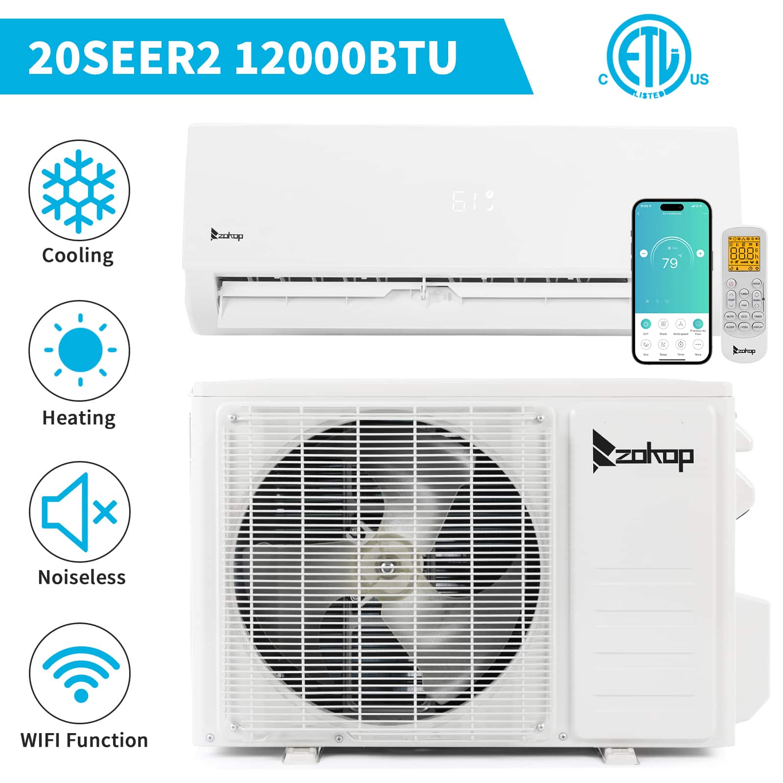 Winado - 12000 BTU 20 SEER2 4-IN-1 Multi-Function AC Ductless Mini Split Air Conditioner & Heat Pump w/ Wifi, Remote Control 115V - White