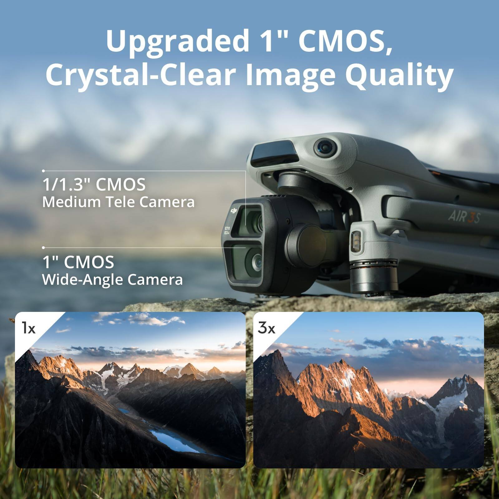 Upgraded 1" CMOS, Crystal-Clear Image Quality

- 1/1.3" CMOS Medium Tele Camera
- 1" CMOS Wide-Angle Camera

1x

3x
