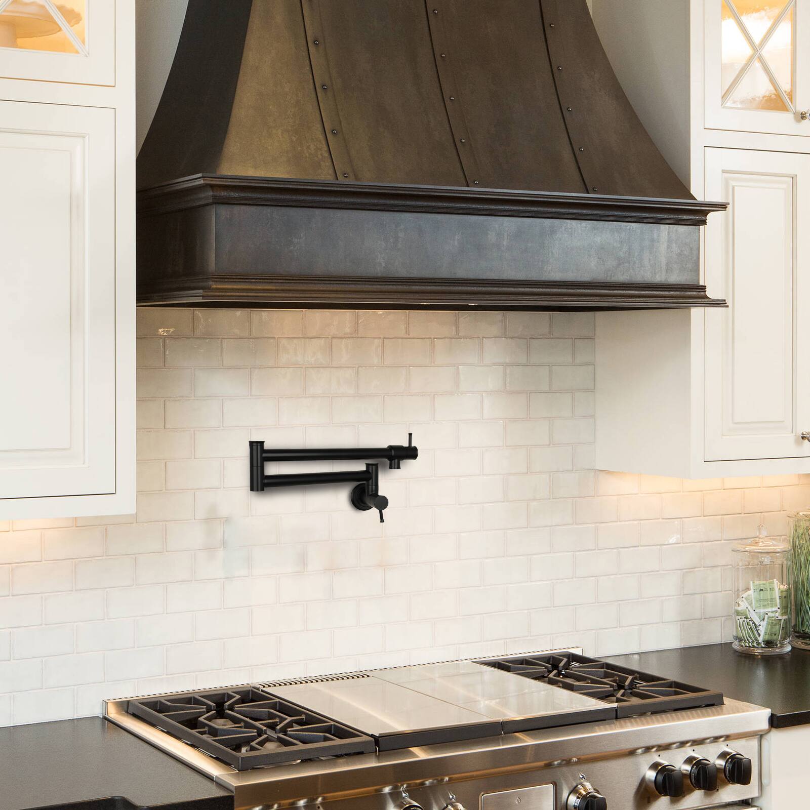 Alt View 5. Akicon - Akicon Solid Brass Wall-Mounted Pot Filler Kitchen Faucet with Double Joint Swing Arms for Stovetop in Matte Black - Matte Black.