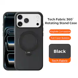 Dteck - Tech Fabric Texture Magnetic Case for Apple iPhone 17 Pro Max, Shockproof Protective Cover with 360° Rotating Ring Stand - Black