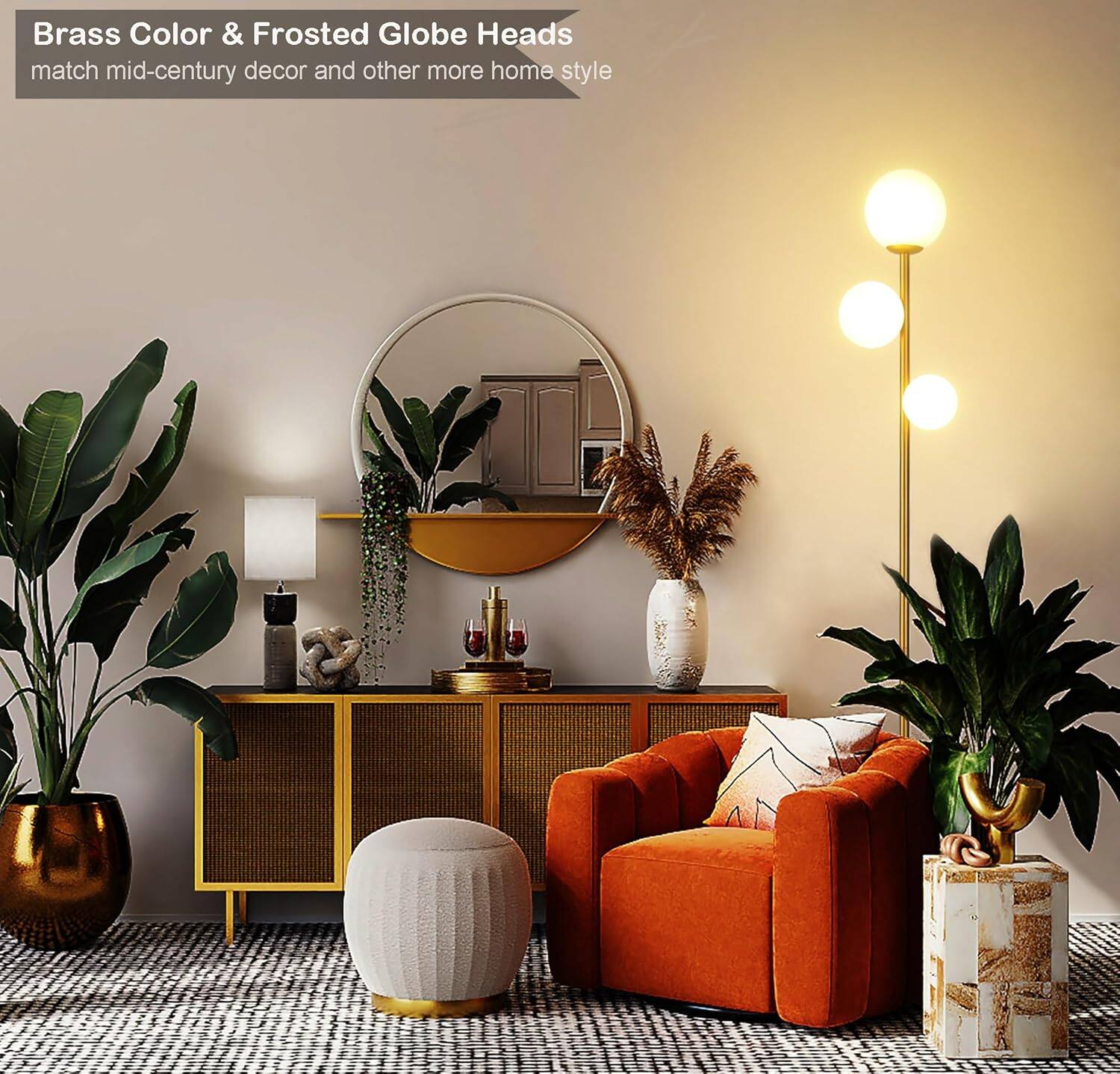Brass Color & Frosted Globe Heads  
match mid-century decor and other more home style