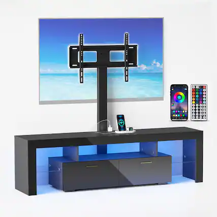 Front. Skyzoo - Skyzoo Modern TV Stand with Mount Swivel and LED Lights, TV Table - Black.