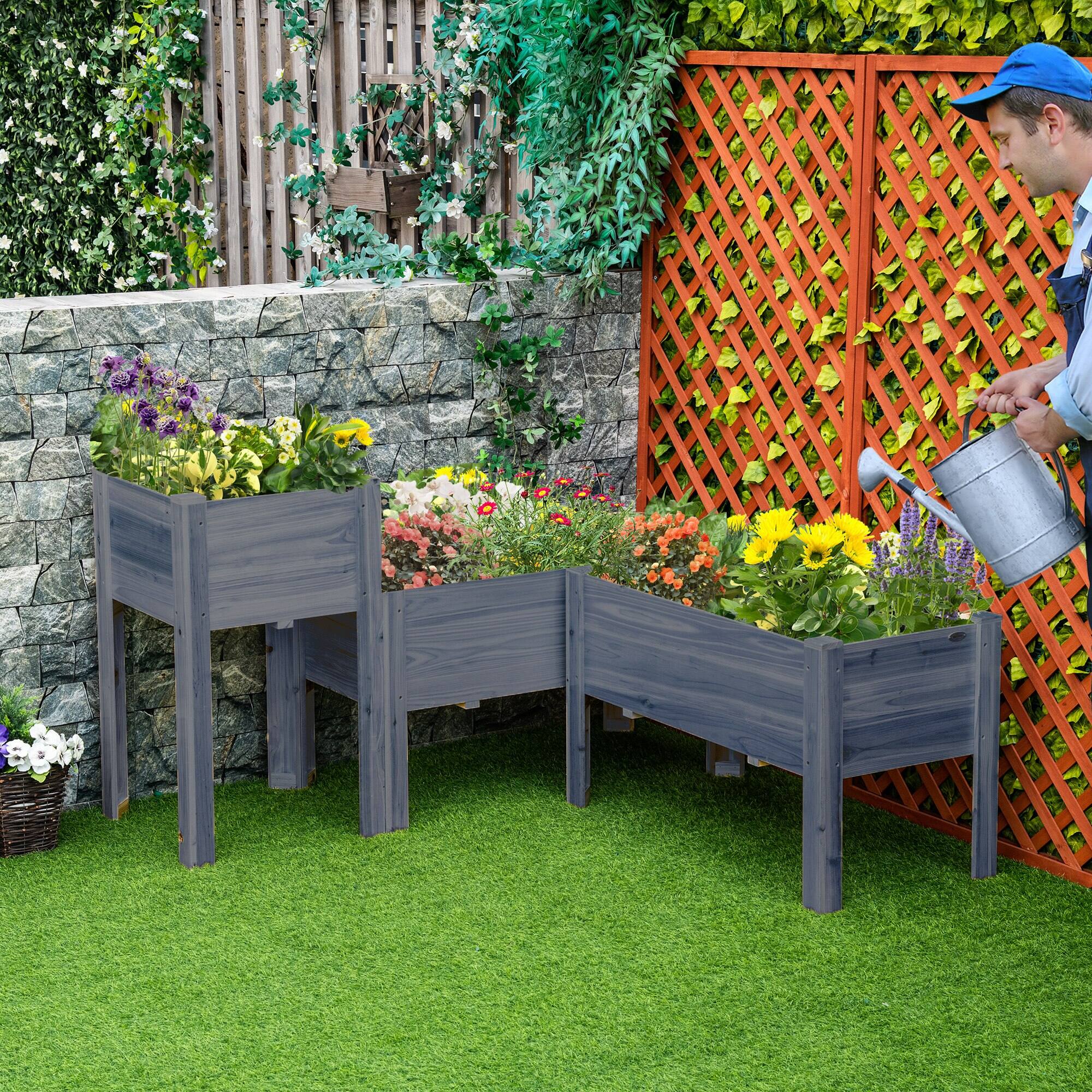 Alt View 1. Outsunny - Raised Garden Bed Set of 3, Wooden Elevated Planter Box with Legs and Bed Liner - Gray.