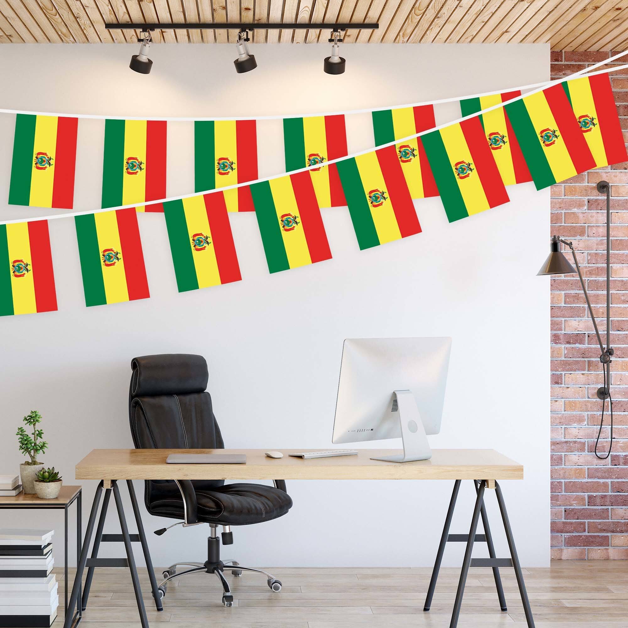 Left. G128 - Bolivia Bunting Banner, 33 ft String with 8.2 x 5.5 in Mini Flags - Assorted Colors.