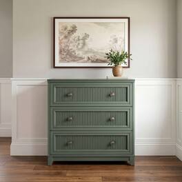 Martha Stewart - Bedford Modular 3-Drawer Wooden Storage Media Cabinet with Hardware, Solid Wood Frame and Legs - Fern Green Frame/Gunmetal Hardware