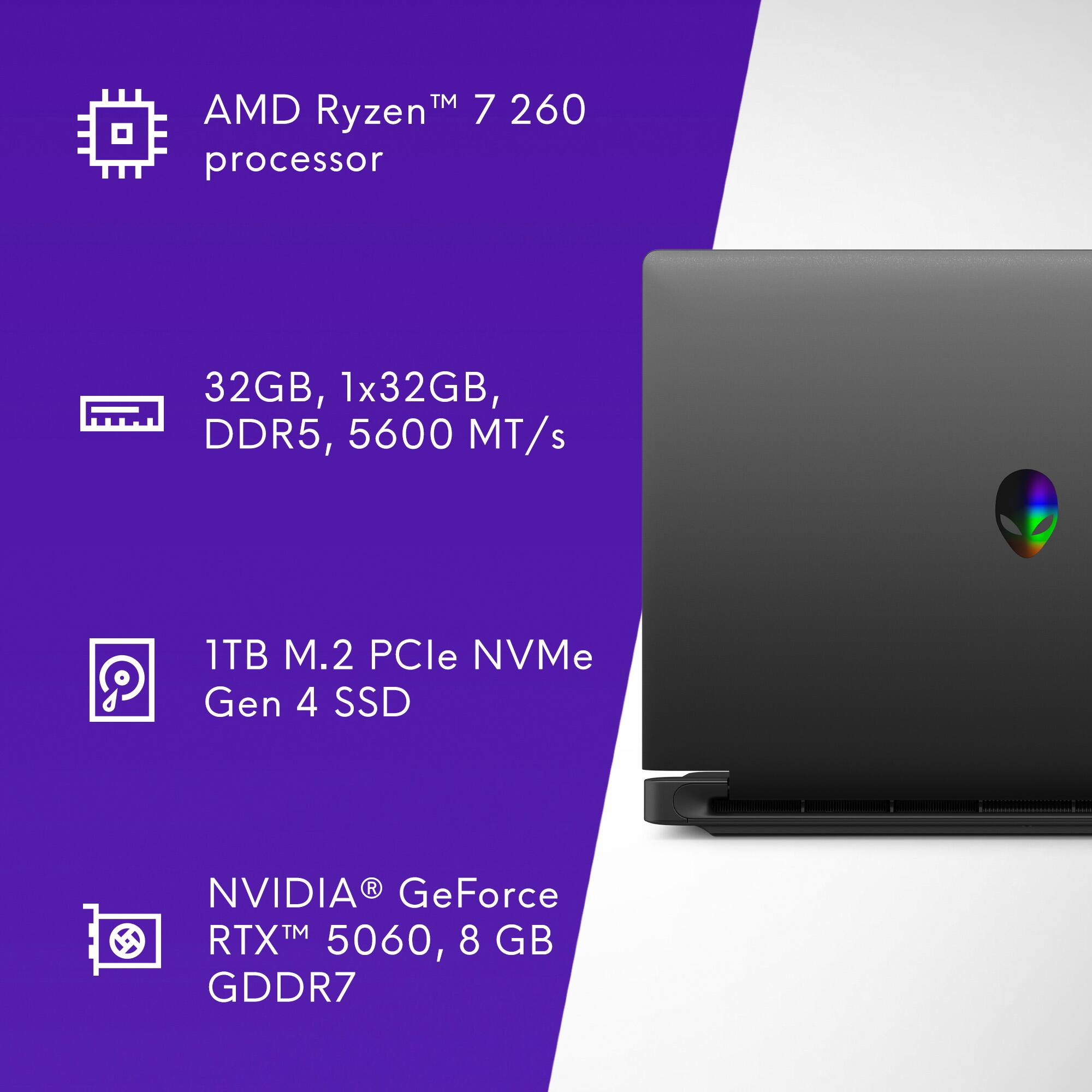 AMD Ryzen™ 7 2600 processor  
32GB, 1x32GB, DDR5, 5600 MT/s  
1TB M.2 PCIe NVMe Gen 4 SSD  
NVIDIA® GeForce RTX™ 5060, 8 GB GDDR7