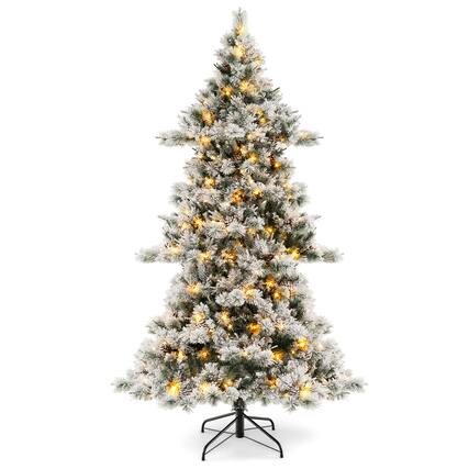 Front. Costway - 7 FT Flocked Christmas Tree Hinged Xmas Decoration with 420 LED Lights & 1057 Tips - Green/White.