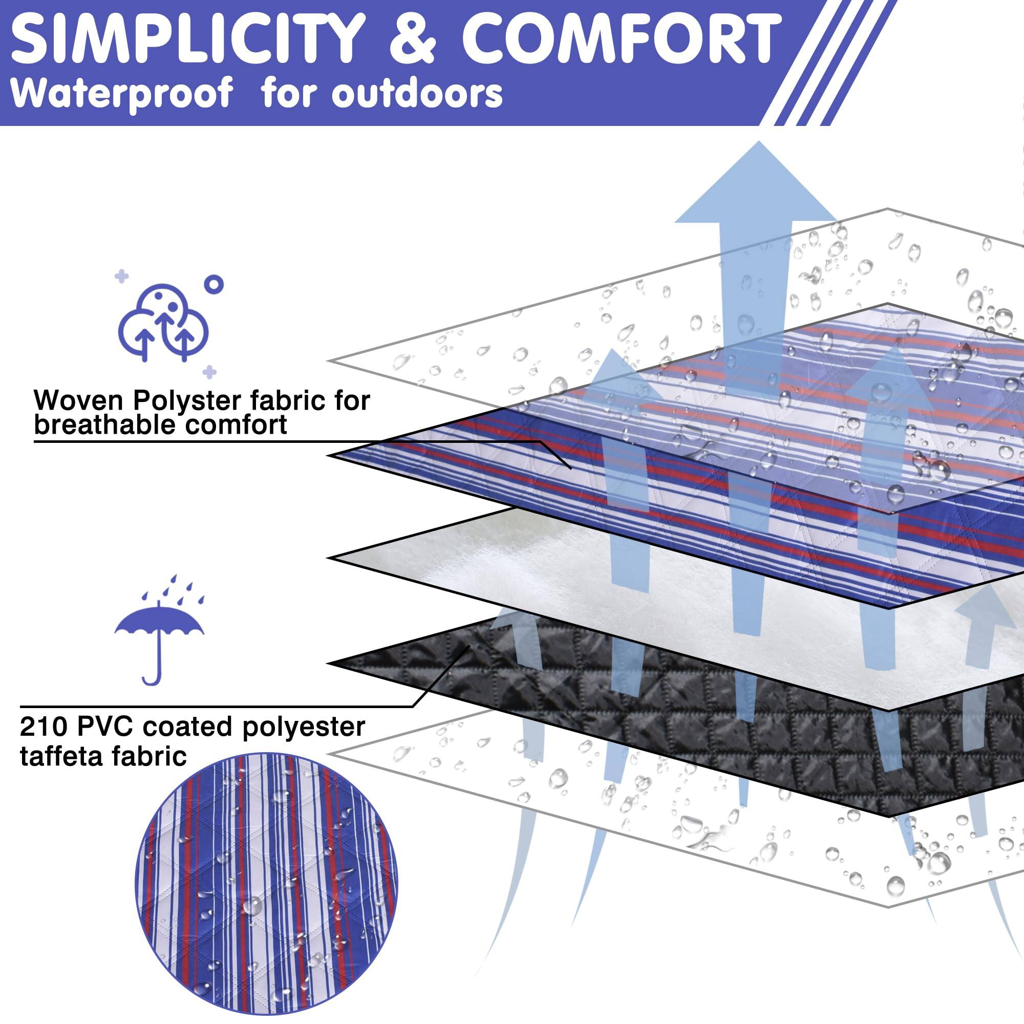 **SIMPLICITY & COMFORT**  
Waterproof for outdoors  

- Woven Polyester fabric for breathable comfort  
- 210 PVC coated polyester taffeta fabric