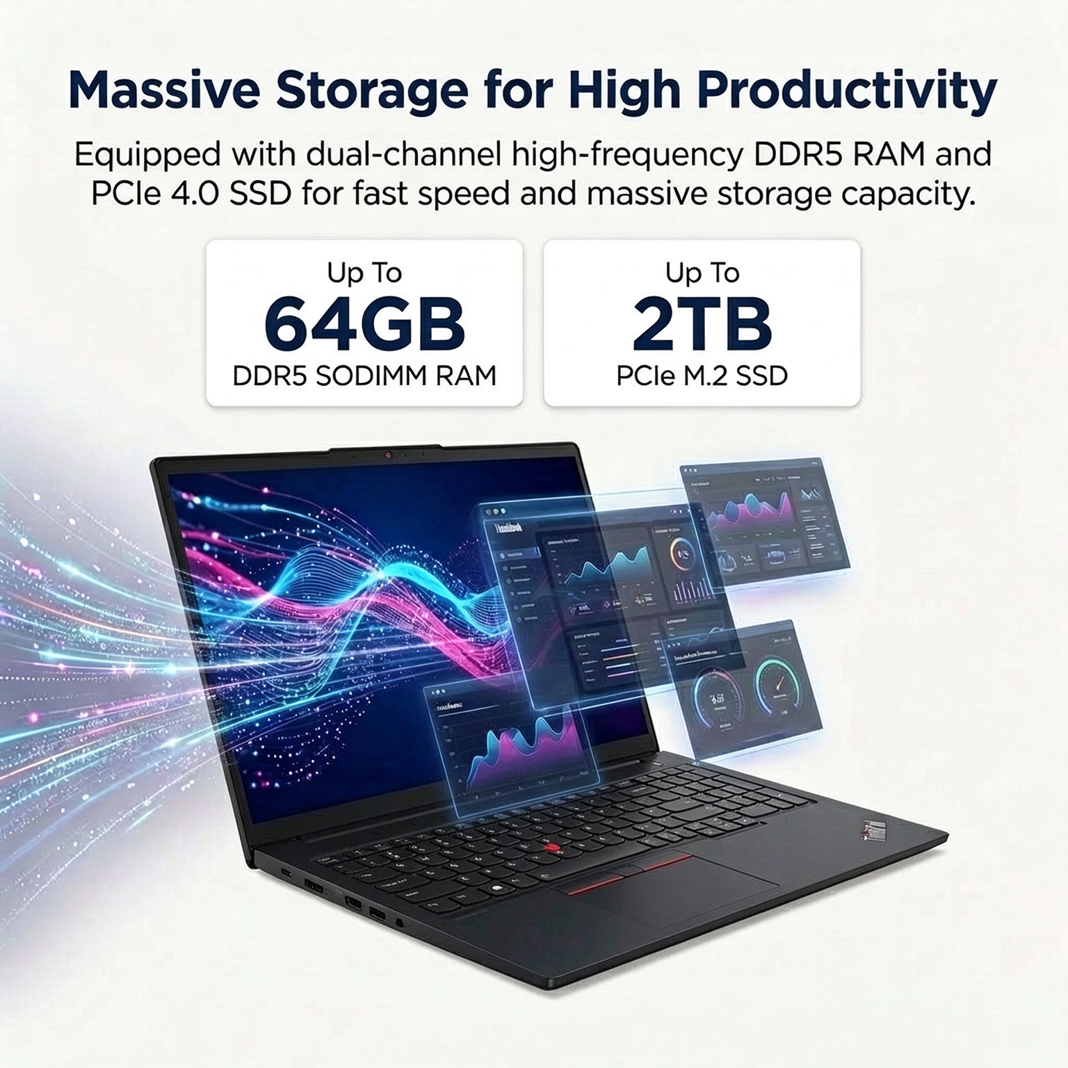 Massive Storage for High Productivity  
Equipped with dual-channel high-frequency DDR5 RAM and PCle 4.0 SSD for fast speed and massive storage capacity.  
Up To 64GB DDR5 SODIMM RAM  
Up To 2TB PCle M.2 SSD