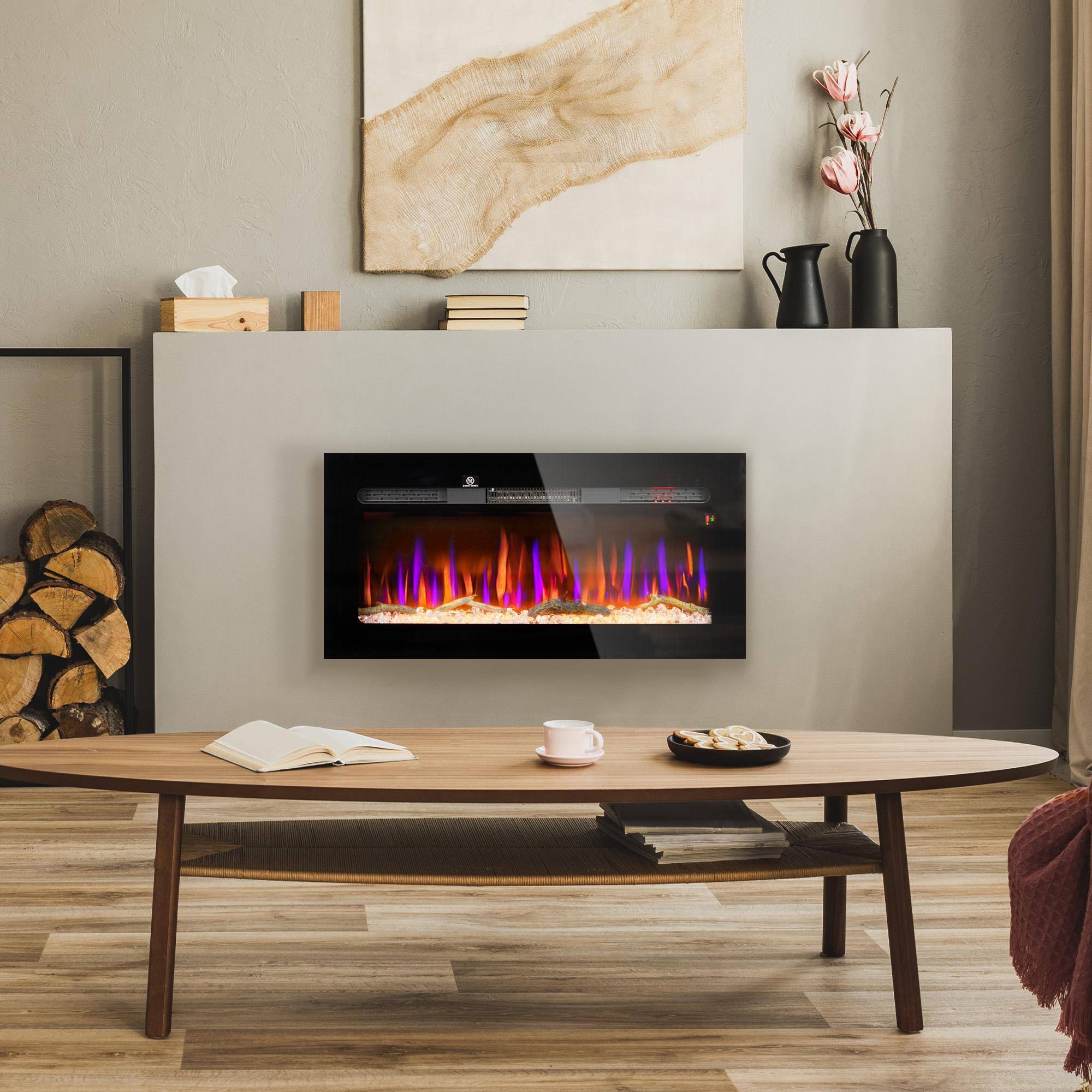 Alt View 4. Resenkos - 36" Recessed or Wall Mounted Electric Fireplace Heater with Remote Control, Adjustable Flame Color and Brightness, Black - Black.