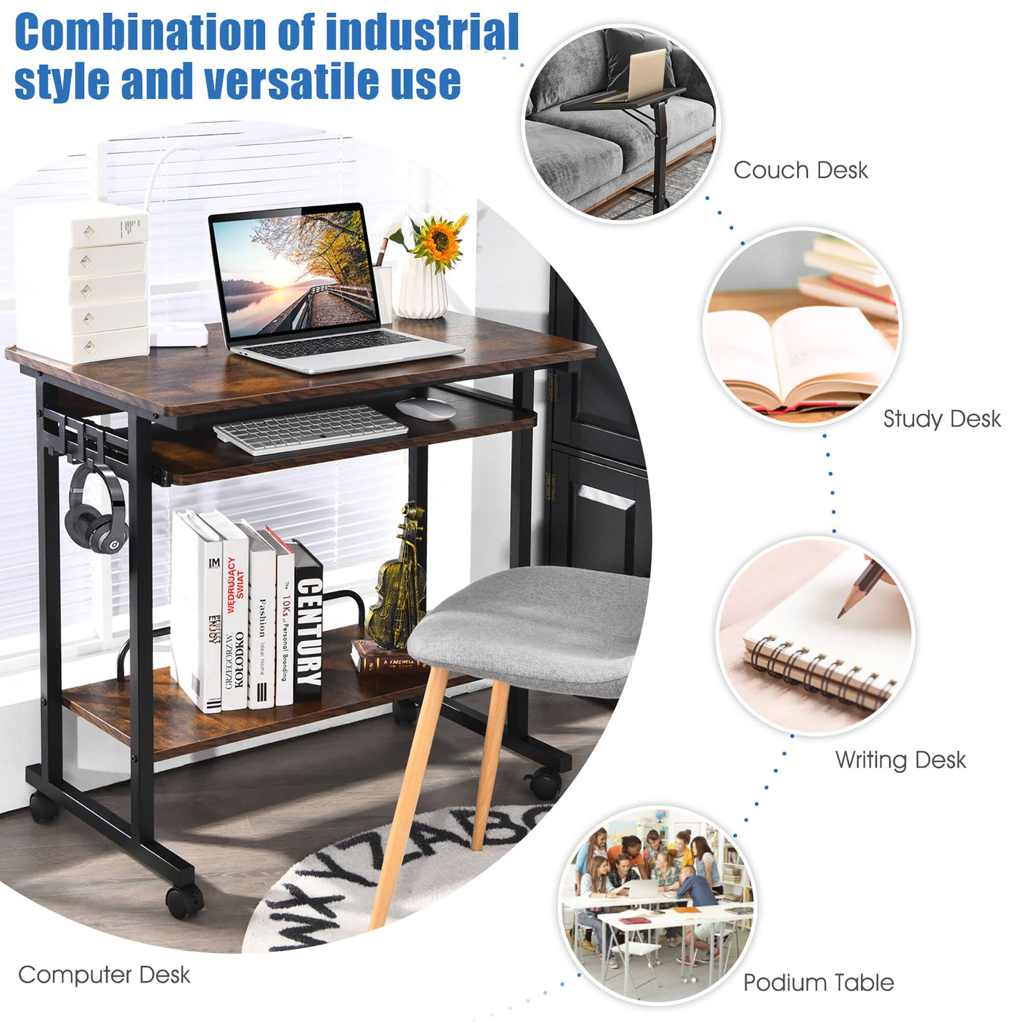 Costway Computer Desk Rolling Laptop Cart Writing Workstation with ...