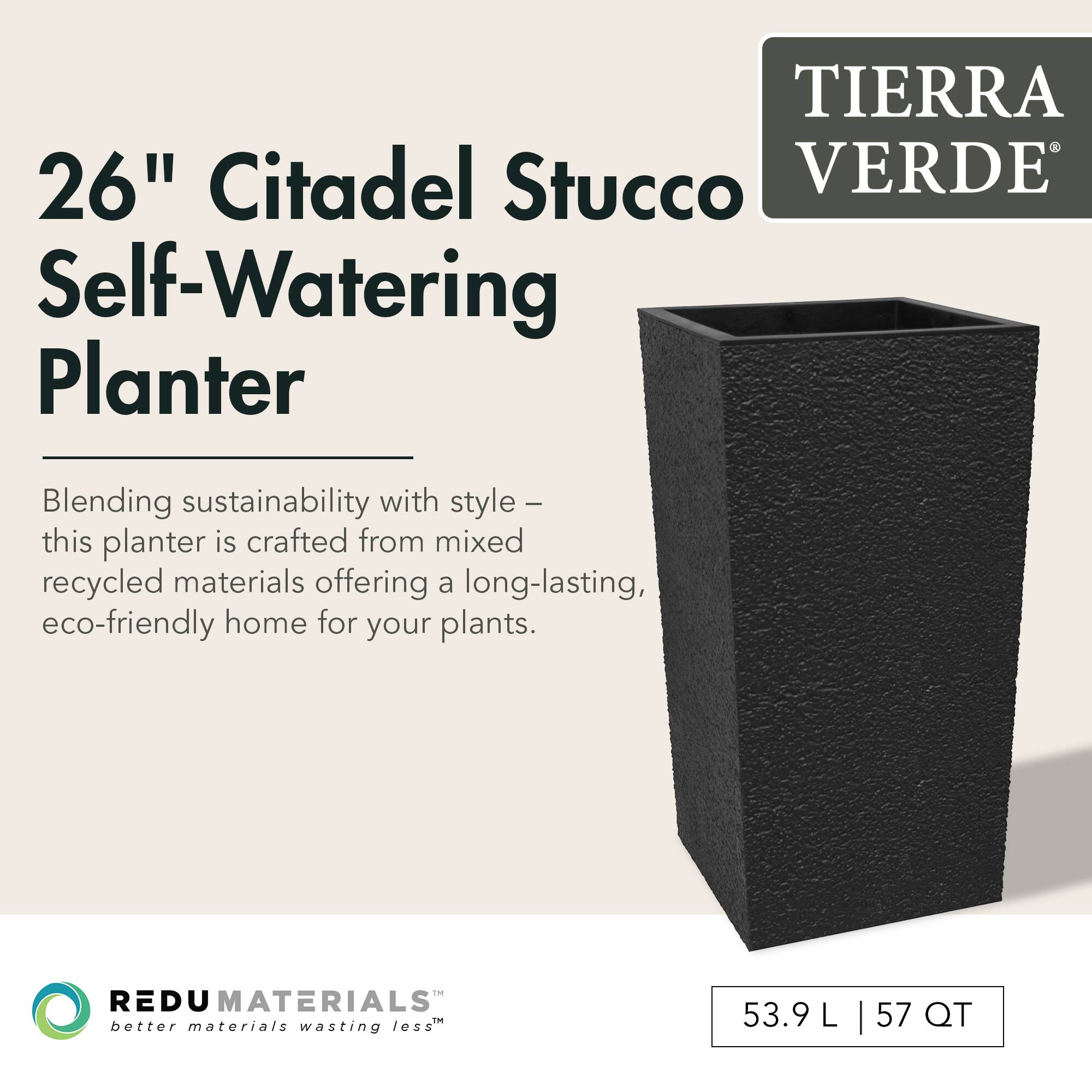 26" Citadel Stucco Self-Watering Planter

Blending sustainability with style – this planter is crafted from mixed recycled materials offering a long-lasting, eco-friendly home for your plants.

TIERRA VERDE

REDU MATERIALS
better materials wasting less

53.9 L | 57 QT