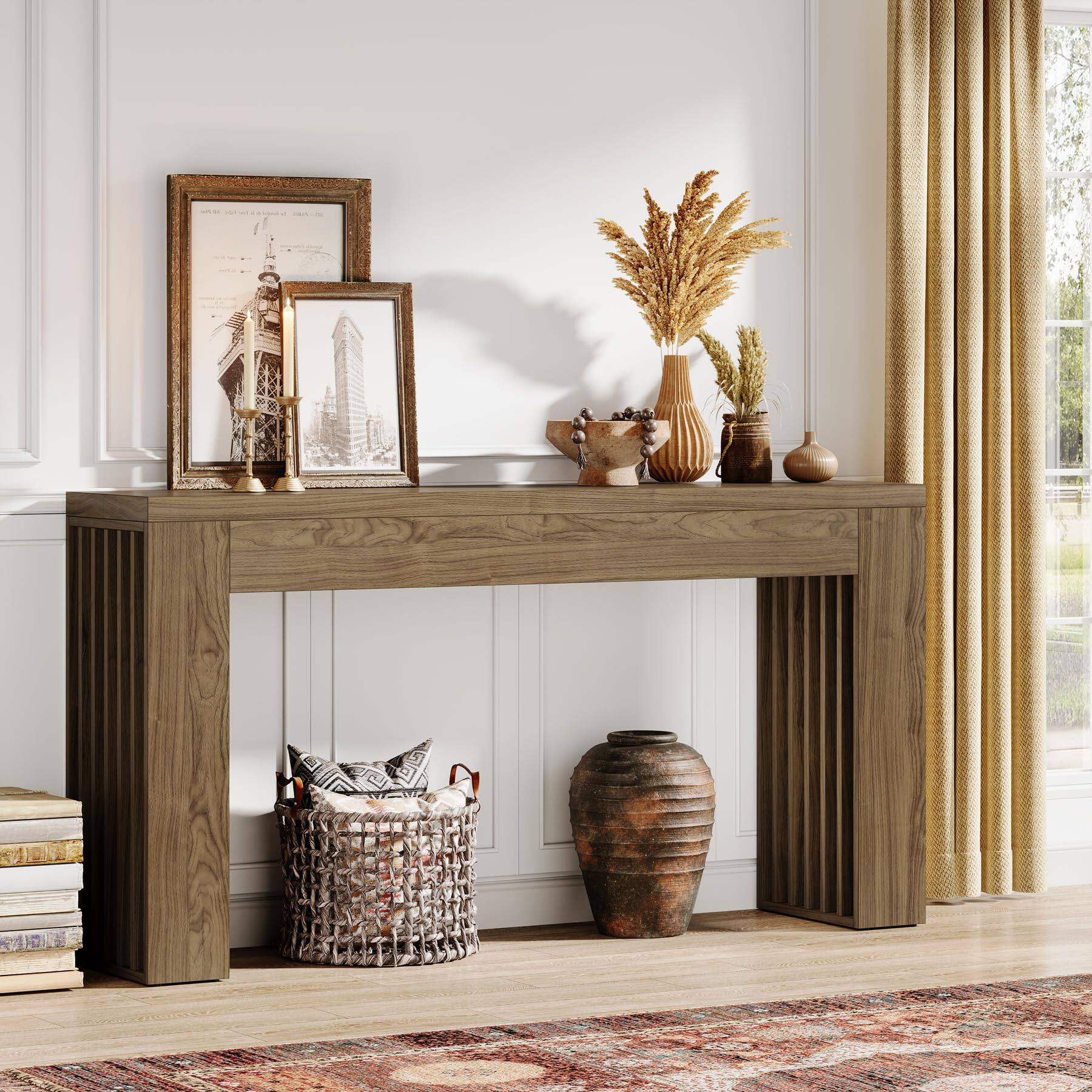 Alt View 2. Tribesigns - 59-Inch Console Table for Living Room, Farmhouse Entryway Table with Vertical Slat Legs, Wooden Rectangular Sofa Tables - Rustic Brown.