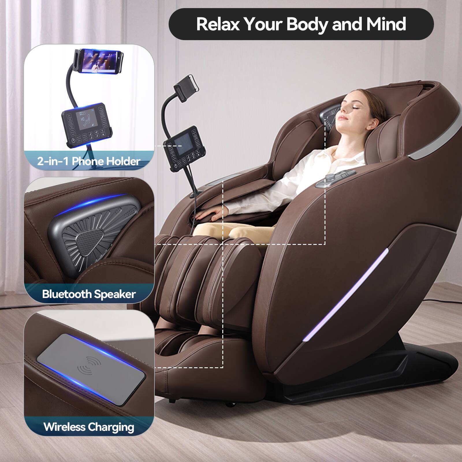Relax Your Body and Mind

- 2-in-1 Phone Holder
- Bluetooth Speaker
- Wireless Charging